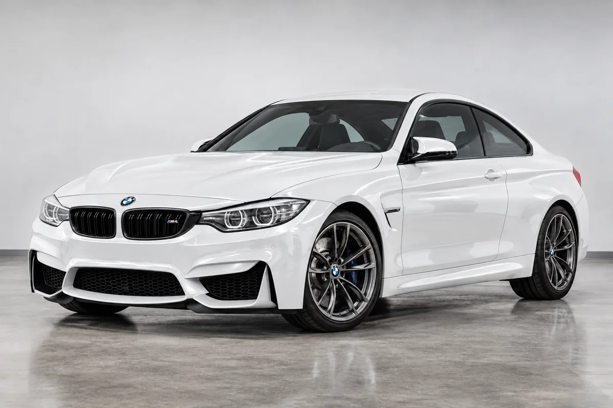 The same illustrative BMW M4 with a white color-change finish